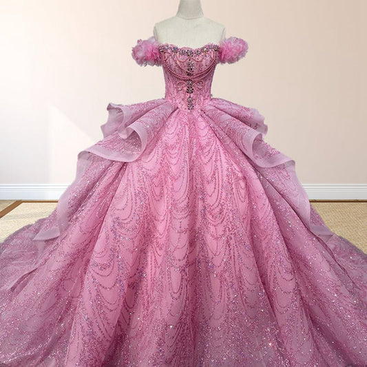 Quinceanera Dresses with Sequins Off the Shoulder Chapel Train