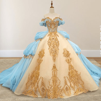 Gold Appliqued Double ColoCorset Back Quinceañera Dresses