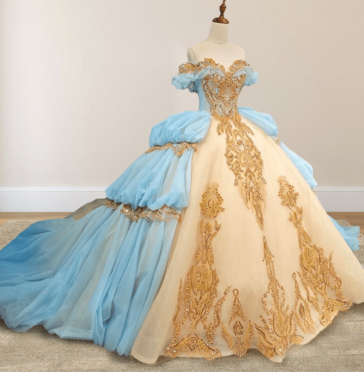 Gold Appliqued Double ColoCorset Back Quinceañera Dresses