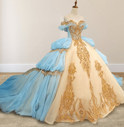 Gold Appliqued Double ColoCorset Back Quinceañera Dresses