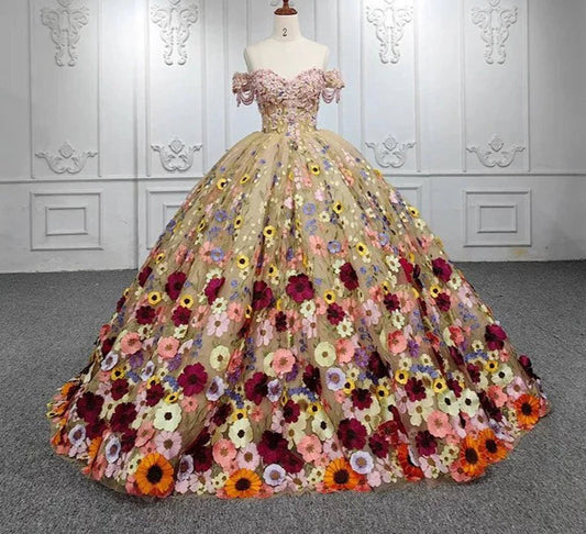 Quinceanera Flower Off-the-Shoulder Ball Gown Dresses