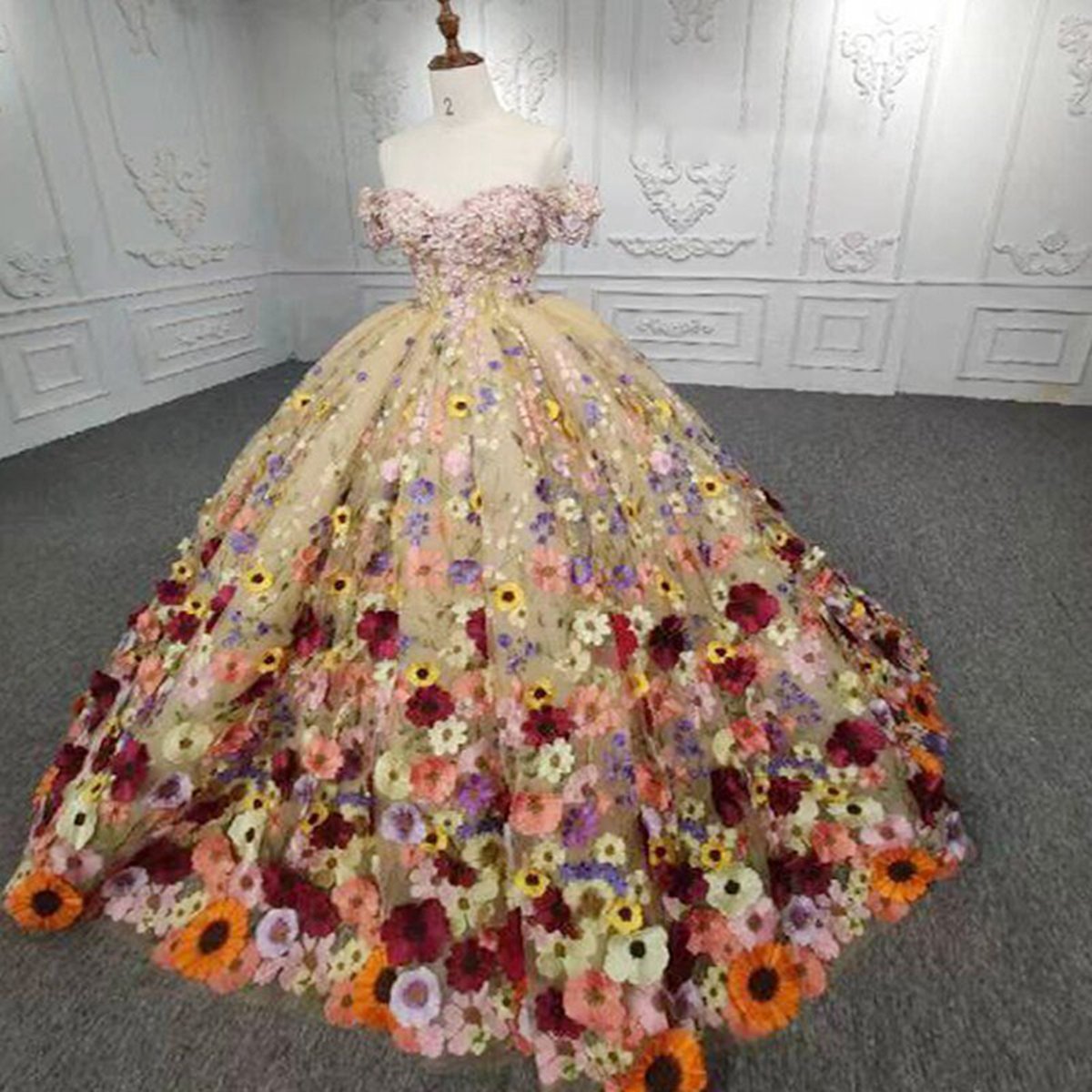 Quinceanera Flower Off-the-Shoulder Ball Gown Dresses