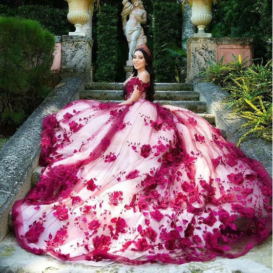 Lace Quinceanera Dresses Off Shoulder Corset Vestidos Pearls Flowers