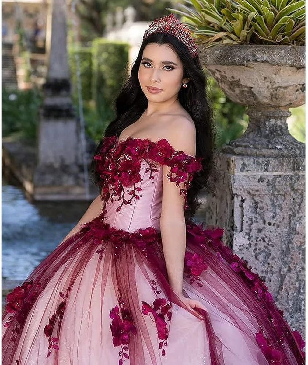 Lace Quinceanera Dresses Off Shoulder Corset Vestidos Pearls Flowers