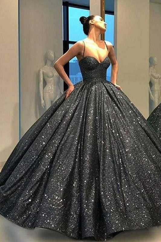 Sweetheart Spaghetti Straps Sequins Ball Gown Sparkly Prom Dresses