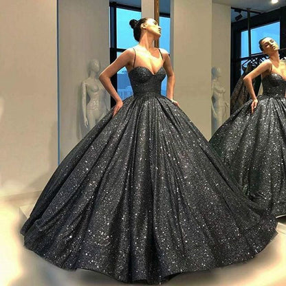 Sweetheart Spaghetti Straps Sequins Ball Gown Sparkly Prom Dresses