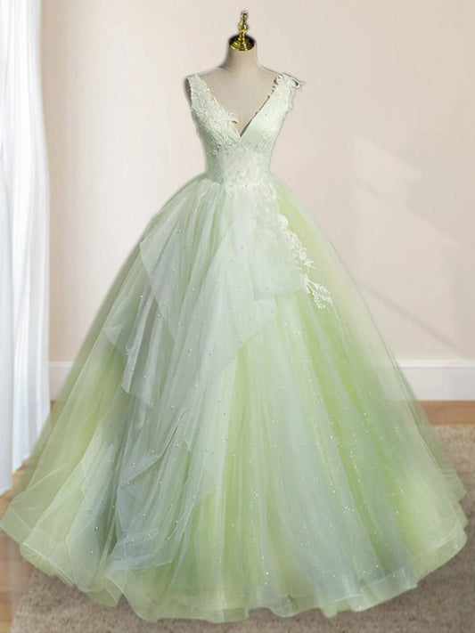 A-line V Neck Tulle Sage Long Prom Quinceanera Dresses