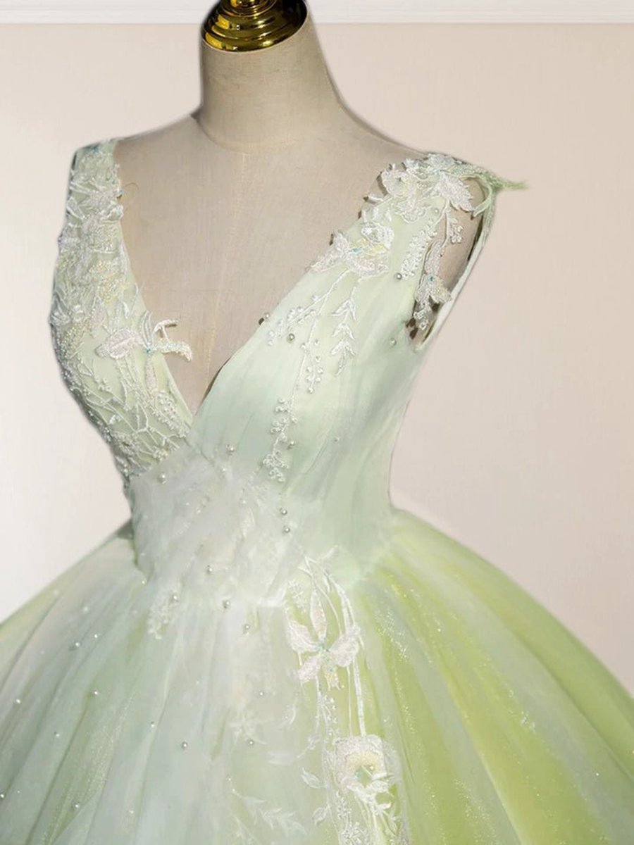 A-line V Neck Tulle Sage Long Prom Quinceanera Dresses