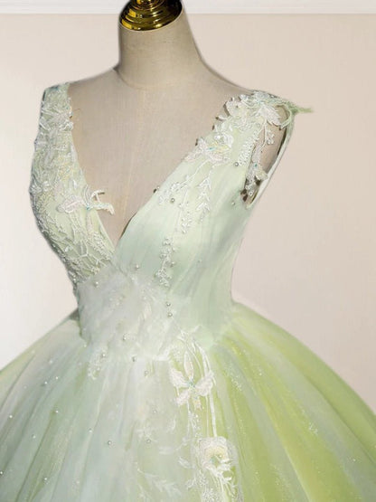 A-line V Neck Tulle Sage Long Prom Quinceanera Dresses