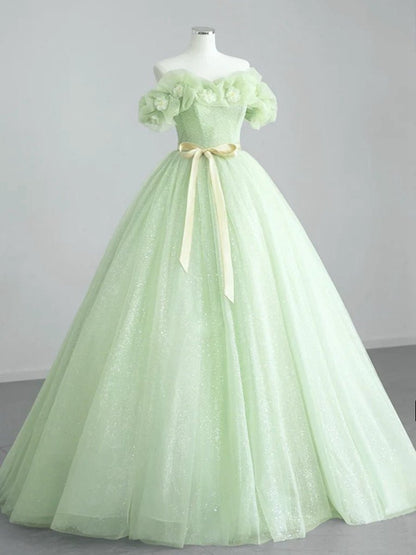 A-line Off Shoulder Tulle Sage Long Prom Dresses