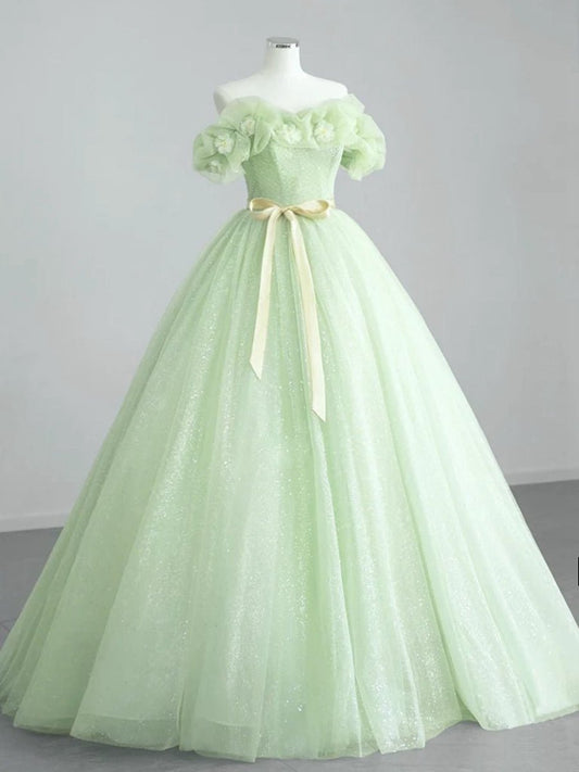 A-line Off Shoulder Tulle Sage Long Prom Dresses