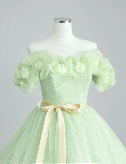 A-line Off Shoulder Tulle Sage Long Prom Dresses