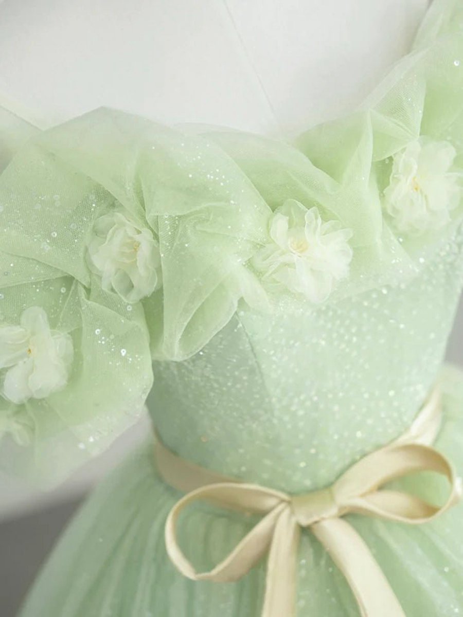 A-line Off Shoulder Tulle Sage Long Prom Dresses
