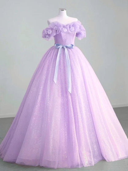 A-line Off Shoulder Tulle Sage Long Prom Dresses