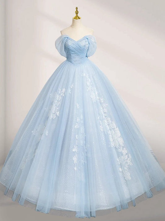 A-line Tulle Lace Long Prom Dresses Off Shoulder Dresses