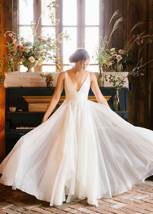 A-line Sleeveless Chiffon Deep V Neck Simple Long Beach Wedding Dresses