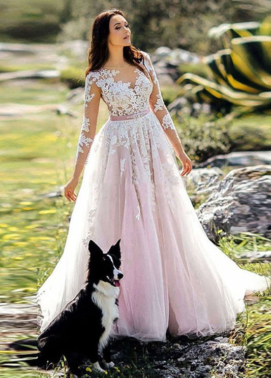 and Lace Appliques Long Sleeves Tulle Wedding Dresses with Belt