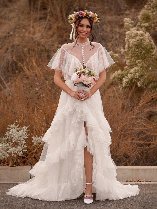 High Split A-line See-through Short Sleeves Ruffle Tulle Wedding Dresses