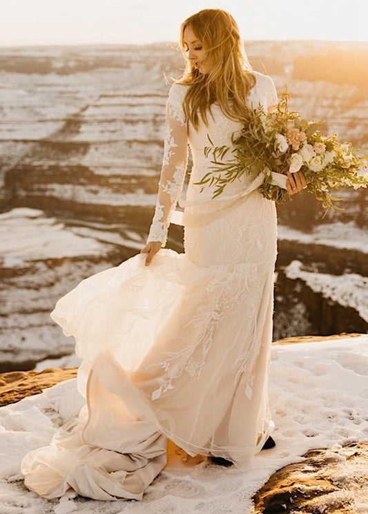 Gorgeous Boho Lace Long-Sleeves Mermaid Appliques Wedding Dresses