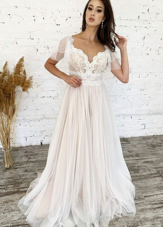 A-line Short Sleeves Lace-Up Long Tulle Appliques Boho Wedding Bridal Gown