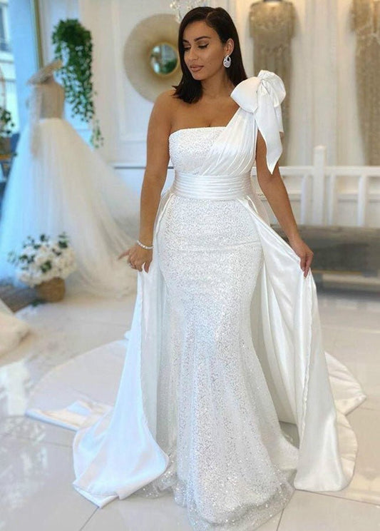 One Shoulder Mermaid Sleeveless Long Bridal Gowns with Overskirt
