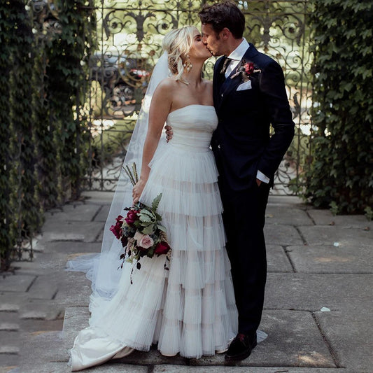 Sleeveless A-line Strapless Bohemian Tie Tulle Wedding Dresses