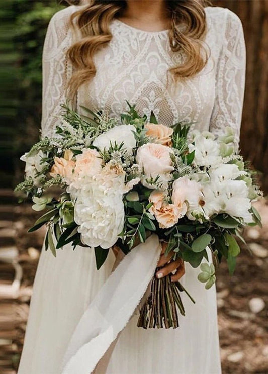 Beach Gorgeous Lace A-line Appliqued Open Back Wedding Dresses with Long Sleeves