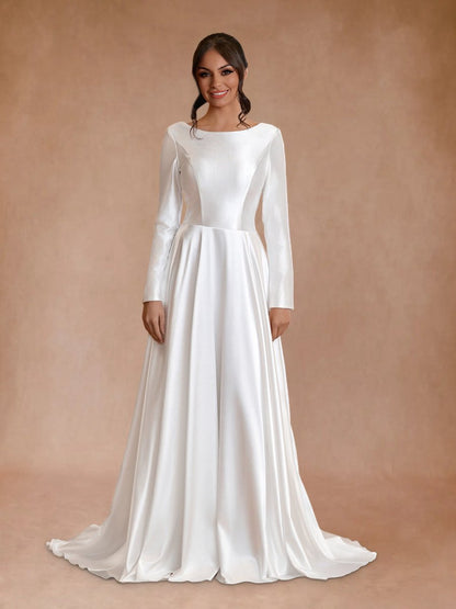 Vintage Satin A-line Bateau Neckline Long Sleeves Bridal Gown Wedding Dresses