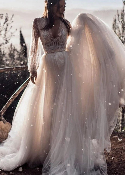 Two Piece Boho Dreamy A-line Tulle V-Neck Wedding Dresses Full Sleeve