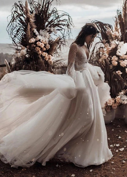 Two Piece Boho Dreamy A-line Tulle V-Neck Wedding Dresses Full Sleeve