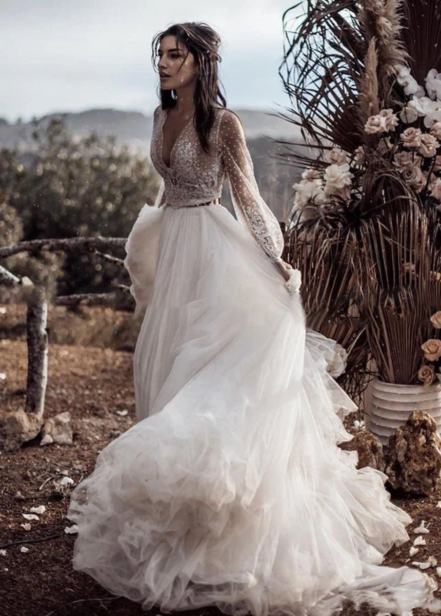 Two Piece Boho Dreamy A-line Tulle V-Neck Wedding Dresses Full Sleeve
