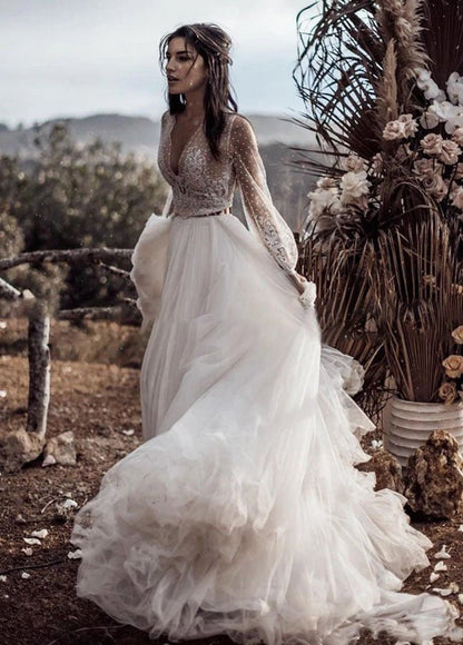 Two Piece Boho Dreamy A-line Tulle V-Neck Wedding Dresses Full Sleeve
