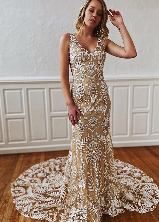 Boho Lace Open Back Sleeveless Appliqued Beach Wedding Dresses