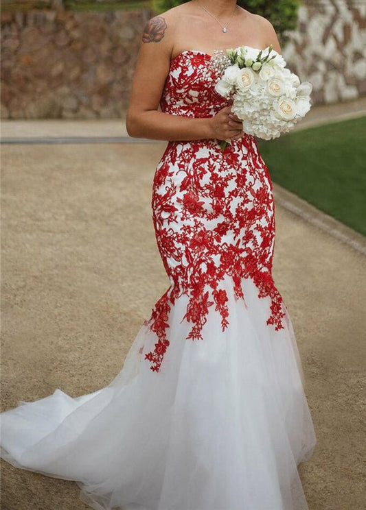 Sweetheart Sleeveless White-Lace Appliques Mermaid Wedding Dresses