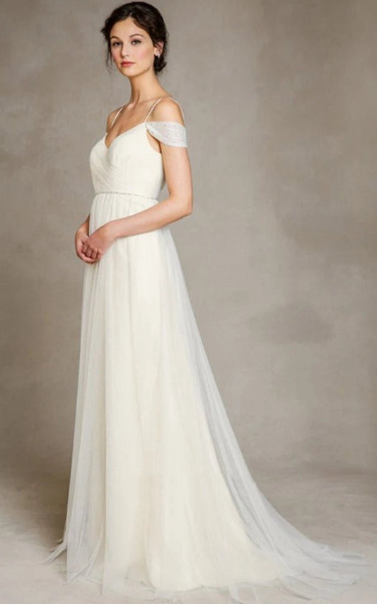 A-line Spaghetti Straps Off-the-Shoulder Tulle Long Wedding Dresses