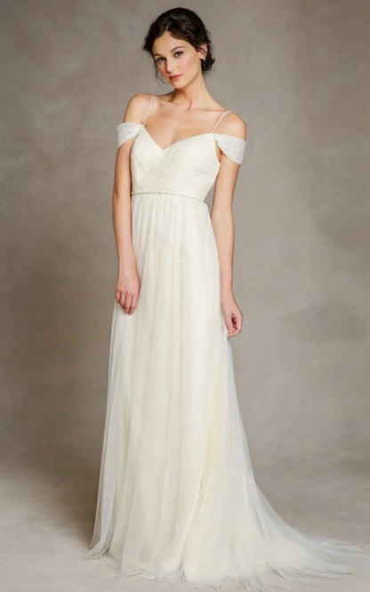 A-line Spaghetti Straps Off-the-Shoulder Tulle Long Wedding Dresses