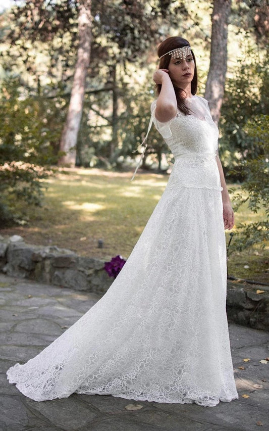 A-line Short Sleeve Lace Appliques Illusion Back Wedding Dresses with Sash