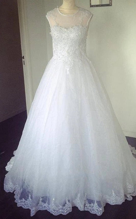 Jewel Neck Sleeveless Appliqued A-line Beading Tulle Wedding Dresses
