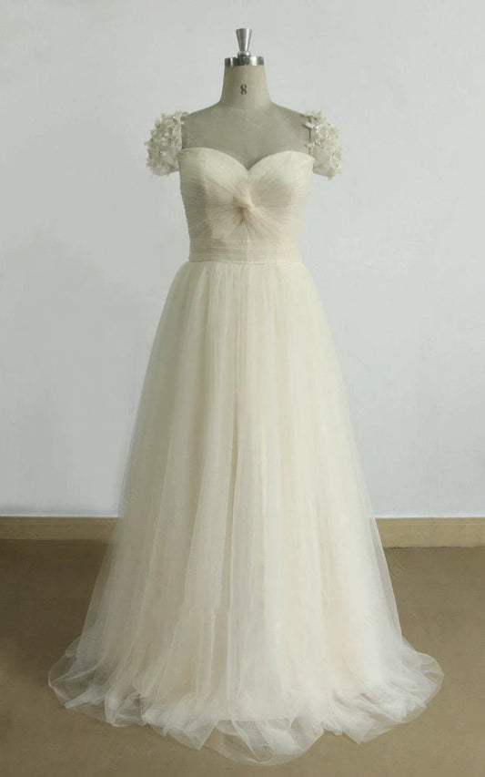 A-line Cap Sleeve Sweetheart Tulle Sweep Train Long Wedding Dresses