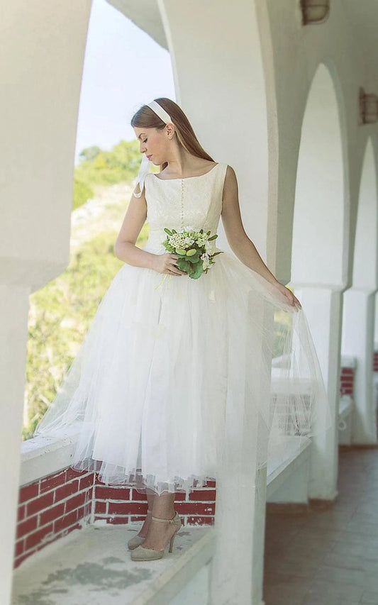 1950S Vintage Deep V Back Sleeveless Short Tulle Wedding Dresses