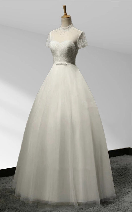 High Neck A-line Tulle Short Sleeves Lace-Up Backless Beading Wedding Dresses