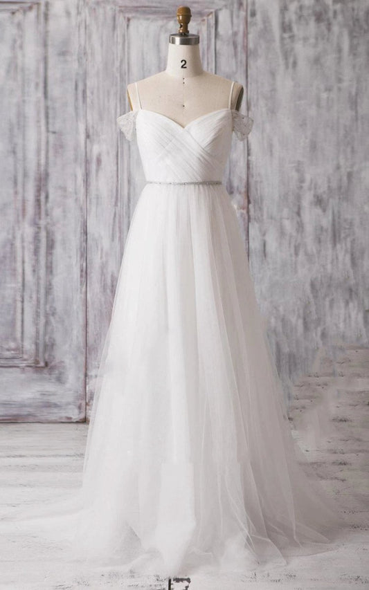 Spaghetti Strap Long A-line Tulle Wedding Dresses with Crisscross Ruching