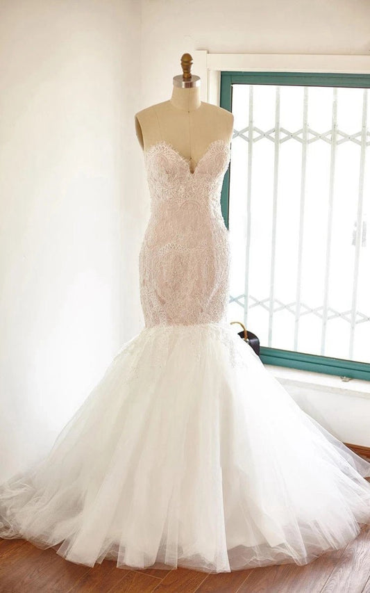 Mermaid Sweetheart Sleeveless Tulle Lace Wedding Dresses with Beading