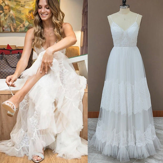 Simple A-line V Neck Sleeveless Spaghetti Straps Beach Wedding Dresses