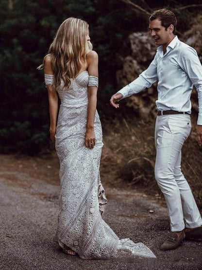 Mermaid Off-the-Shoulder Backless Lace Beach Wedding Dresses