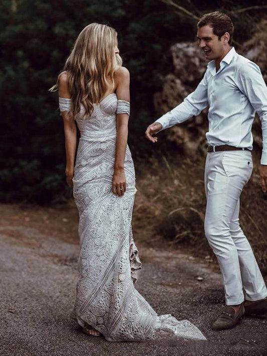 Mermaid Off-the-Shoulder Backless Lace Beach Wedding Dresses