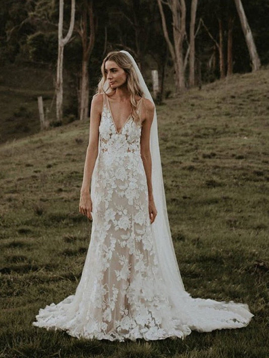 Floral Lace Appliques V Neck Sleeveless Mermaid Boho Wedding Dresses