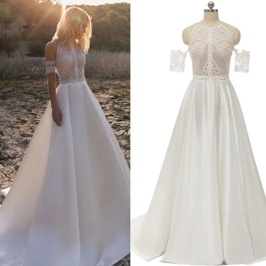 Lace Appliques A-line Sleeveless Boho Off the Shoulder Wedding Dresses