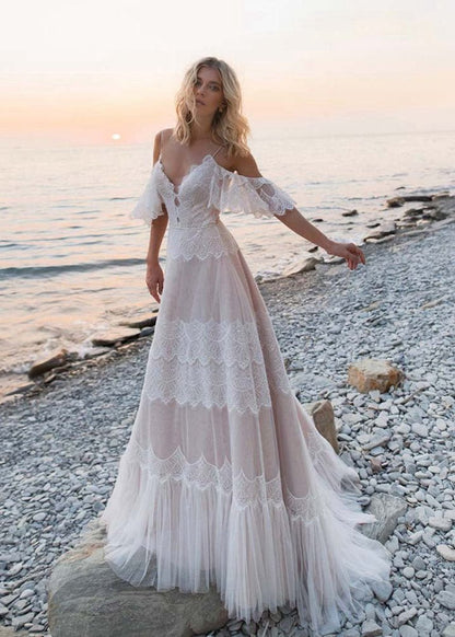 Bohemian Beach Spaghetti Straps Backless Wedding Dresses