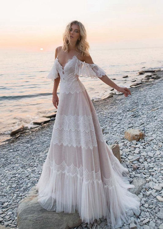 Bohemian Beach Spaghetti Straps Backless Wedding Dresses